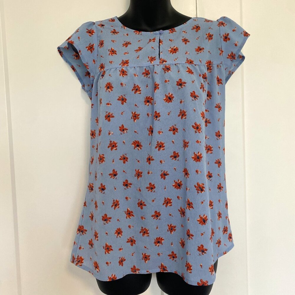 Denver Hayes Cap‎ Sleeve Short Sleeve Blue Floral Top Blouse Size XS